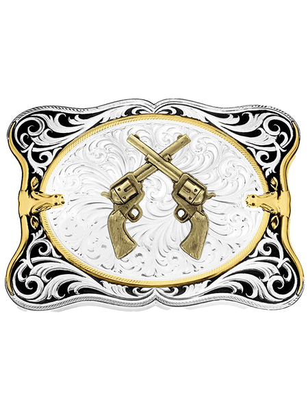 Montana Silversmiths 55610-878 Crossed Pistols Belt Buckle Silver front view. If you need any assistance with this item or the purchase of this item please call us at five six one seven four eight eight eight zero one Monday through Saturday 10:00a.m EST to 8:00 p.m EST