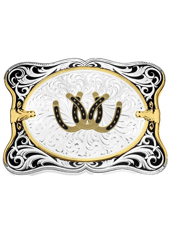 Montana Silversmiths 55610-887 Triple Entwined Horse Shoes Belt Buckle Silver front view. If you need any assistance with this item or the purchase of this item please call us at five six one seven four eight eight eight zero one Monday through Saturday 10:00a.m EST to 8:00 p.m EST