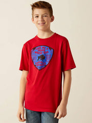 Ariat 10054040 Kids Buffalo West T-Shirt Red front view. If you need any assistance with this item or the purchase of this item please call us at five six one seven four eight eight eight zero one Monday through Saturday 10:00a.m EST to 8:00 p.m EST