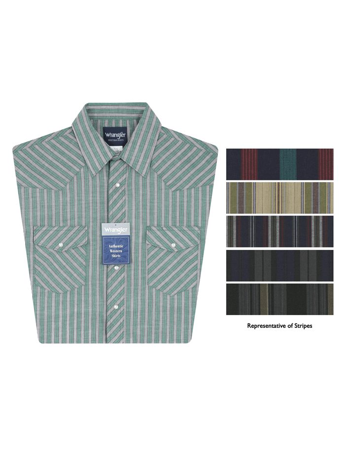 Assorted Wrangler Mens Western Short Sleeve Stripe Shirt 76201AA-76951PP various patterns. If you need any assistance with this item or the purchase of this item please call us at five six one seven four eight eight eight zero one Monday through Saturday 10:00a.m EST to 8:00 p.m EST