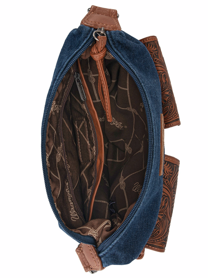 Wrangler WG103-2009NY Womens Floral Tooled Jean Crossbody Bag Navy front. If you need any assistance with this item or the purchase of this item please call us at five six one seven four eight eight eight zero one Monday through Saturday 10:00a.m EST to 8:00 p.m EST

