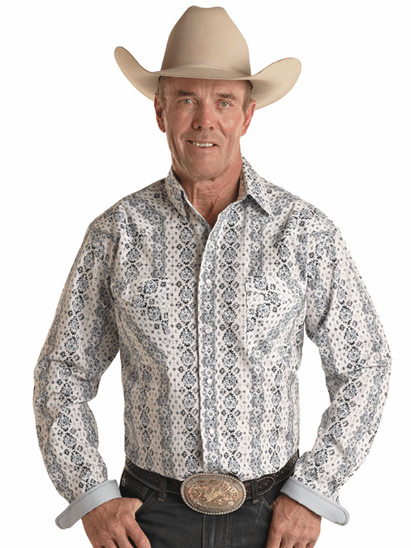Panhandle RMN2S02199 Mens Long Sleeve Western Snap Shirt Blue front view on model. If you need any assistance with this item or the purchase of this item please call us at five six one seven four eight eight eight zero one Monday through Saturday 10:00a.m EST to 8:00 p.m EST