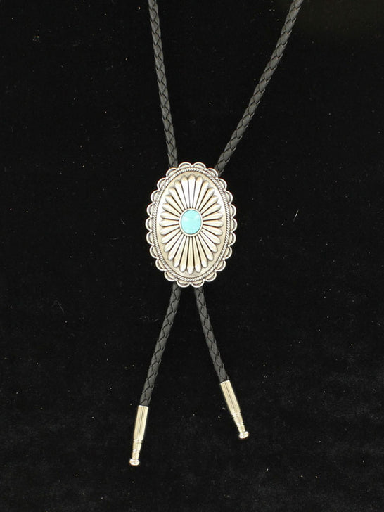 Double S 22107 Western Oval Flower Bolo Tie Silver front view. If you need any assistance with this item or the purchase of this item please call us at five six one seven four eight eight eight zero one Monday through Saturday 10:00a.m EST to 8:00 p.m EST