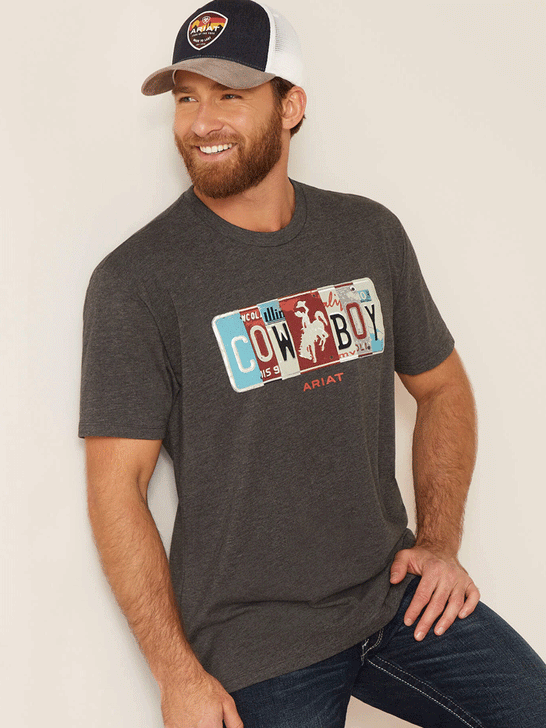 Ariat 10047881 Mens License Plate Cowboy T-Shirt Charcoal Heather front view. If you need any assistance with this item or the purchase of this item please call us at five six one seven four eight eight eight zero one Monday through Saturday 10:00a.m EST to 8:00 p.m EST