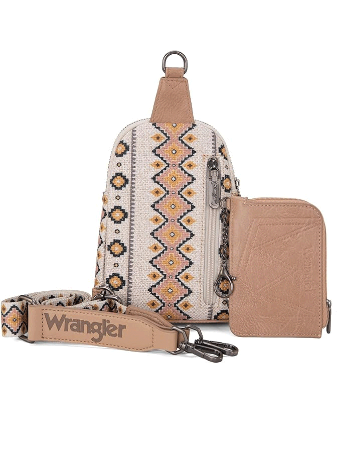 Wrangler WG2205-210WTN Womens Aztec Print Crossbody Sling Chest Bag With Zip Card Holder Set Tan front. If you need any assistance with this item or the purchase of this item please call us at five six one seven four eight eight eight zero one Monday through Saturday 10:00a.m EST to 8:00 p.m EST

