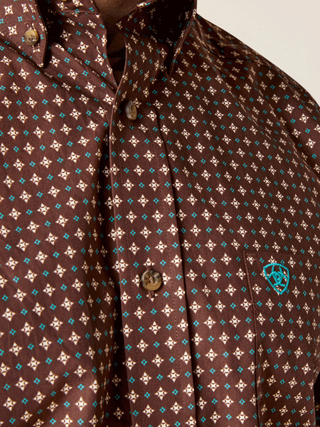 Ariat 10046221 Mens Barrett Classic Fit Shirt Bitter Chocolate front close up view of pocket. If you need any assistance with this item or the purchase of this item please call us at five six one seven four eight eight eight zero one Monday through Saturday 10:00a.m EST to 8:00 p.m EST