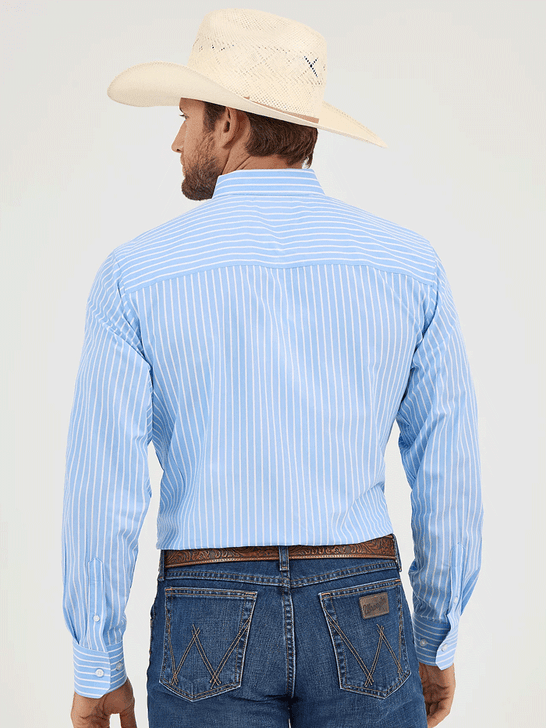 Wrangler 112365617 Mens Cody Johnson Button Down Stripe Shirt Powder Blue back view. If you need any assistance with this item or the purchase of this item please call us at five six one seven four eight eight eight zero one Monday through Saturday 10:00a.m EST to 8:00 p.m EST