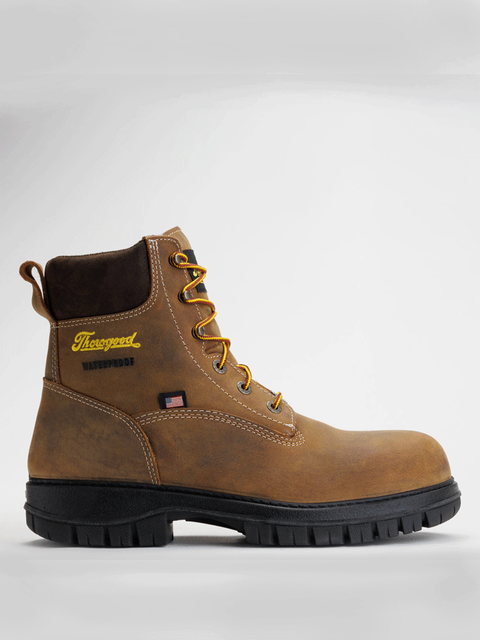 Thorogood 804-4149 Mens Lace Up Nano Safety Toe Work Boot Chestnut Brown front and back view. If you need any assistance with this item or the purchase of this item please call us at five six one seven four eight eight eight zero one Monday through Saturday 10:00a.m EST to 8:00 p.m EST