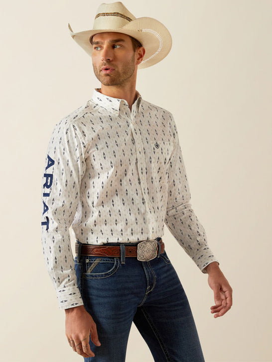 Ariat 10054728 Mens Team Perkins Fitted Shirt White And Navy front view. If you need any assistance with this item or the purchase of this item please call us at five six one seven four eight eight eight zero one Monday through Saturday 10:00a.m EST to 8:00 p.m EST