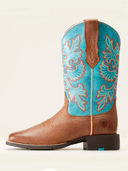 Ariat 10047038 Womens Round Up Wide Square Toe StretchFit Western Boot Buff Blonde outter side view. If you need any assistance with this item or the purchase of this item please call us at five six one seven four eight eight eight zero one Monday through Saturday 10:00a.m EST to 8:00 p.m EST