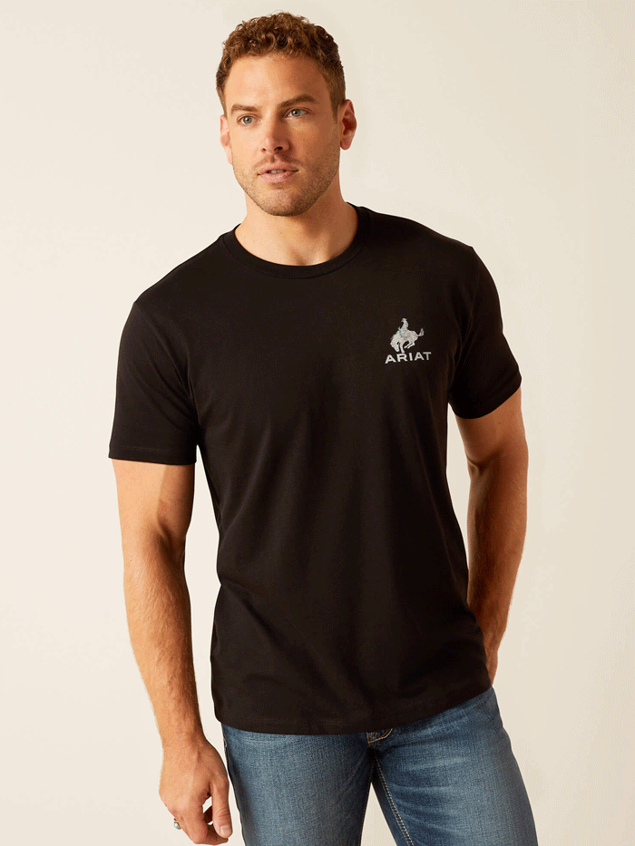 Ariat 10047897 Mens Bronco Flag T-Shirt Black back view. If you need any assistance with this item or the purchase of this item please call us at five six one seven four eight eight eight zero one Monday through Saturday 10:00a.m EST to 8:00 p.m EST