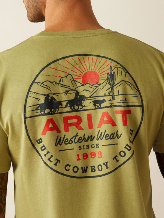 Ariat 10054836 Mens Ariat Full Circle T-Shirt Tent Green back close up. If you need any assistance with this item or the purchase of this item please call us at five six one seven four eight eight eight zero one Monday through Saturday 10:00a.m EST to 8:00 p.m EST