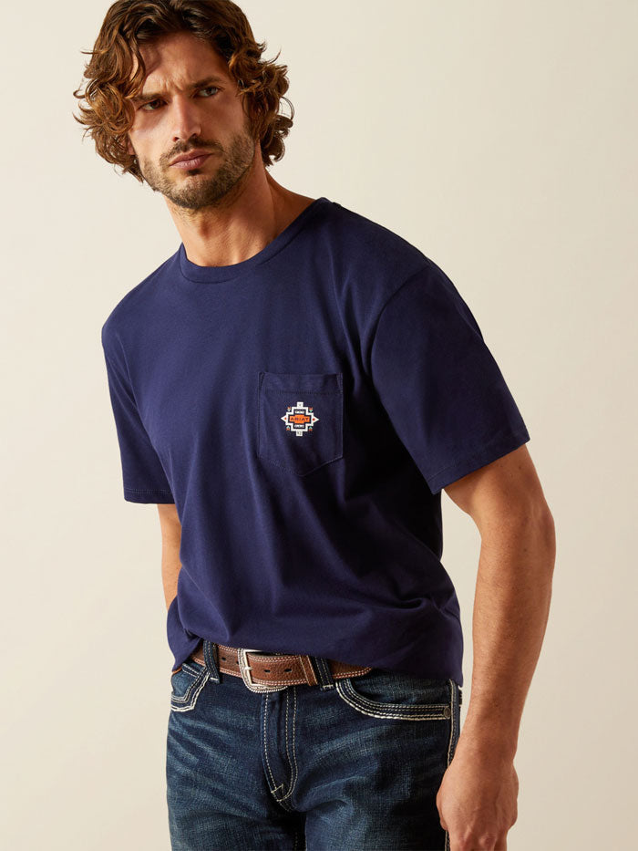 Ariat 10054844 Mens Southwest Pocket T-Shirt Classic Blue Navy back view. If you need any assistance with this item or the purchase of this item please call us at five six one seven four eight eight eight zero one Monday through Saturday 10:00a.m EST to 8:00 p.m EST