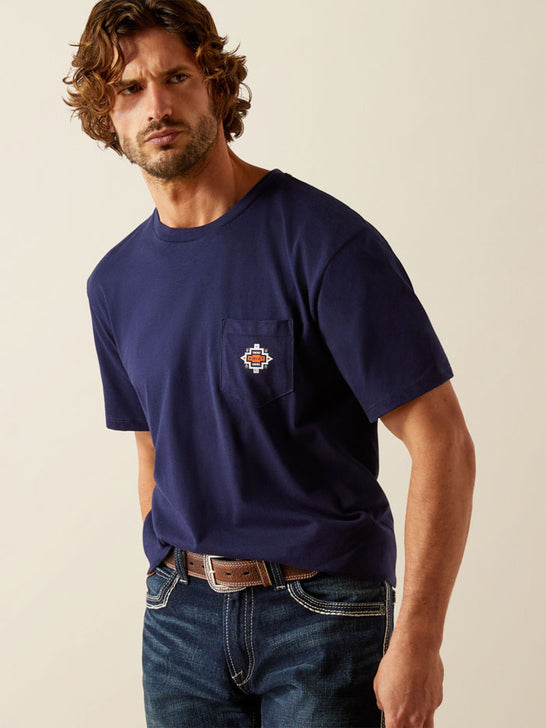 Ariat 10054844 Mens Southwest Pocket T-Shirt Classic Blue Navy front view. If you need any assistance with this item or the purchase of this item please call us at five six one seven four eight eight eight zero one Monday through Saturday 10:00a.m EST to 8:00 p.m EST