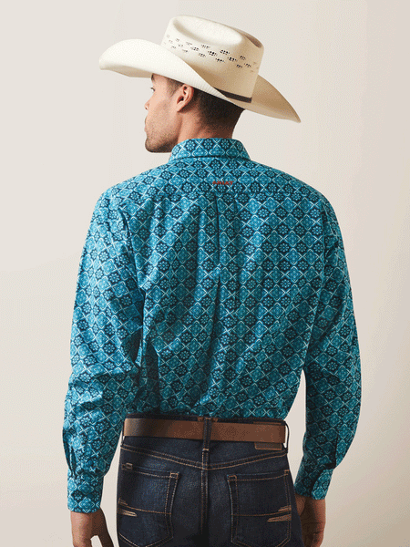 Ariat 10043853 Mens Team Solomon Classic Fit Shirt Blue Teal back view. If you need any assistance with this item or the purchase of this item please call us at five six one seven four eight eight eight zero one Monday through Saturday 10:00a.m EST to 8:00 p.m EST