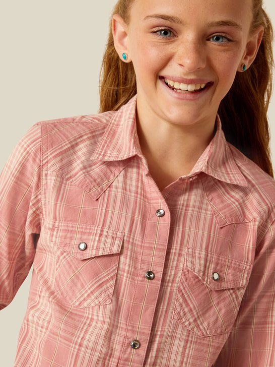 Ariat 10048596 Kids Long Sleeve Nazca Shirt Plaid close up. If you need any assistance with this item or the purchase of this item please call us at five six one seven four eight eight eight zero one Monday through Saturday 10:00a.m EST to 8:00 p.m EST