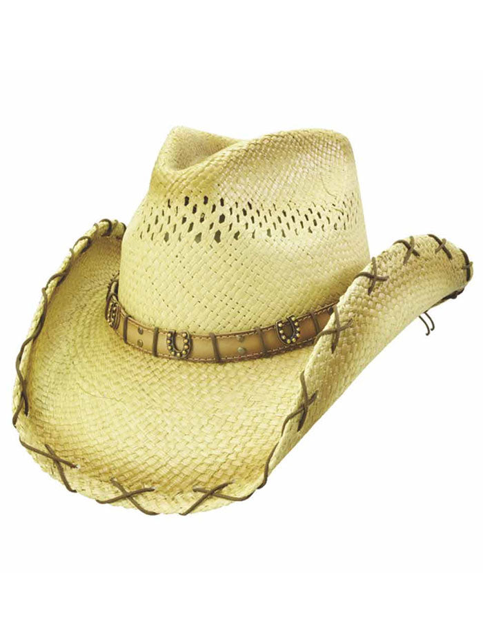 Dallas Hats HORSE SHOE 1 Hand Braided Straw Hat Natural side view on model. If you need any assistance with this item or the purchase of this item please call us at five six one seven four eight eight eight zero one Monday through Saturday 10:00a.m EST to 8:00 p.m EST