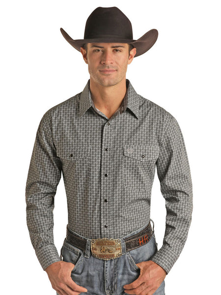 Panhandle PMN2S02312 Mens Slim Fit Geo Print long Sleeve Snap Shirt Steel front view. If you need any assistance with this item or the purchase of this item please call us at five six one seven four eight eight eight zero one Monday through Saturday 10:00a.m EST to 8:00 p.m EST