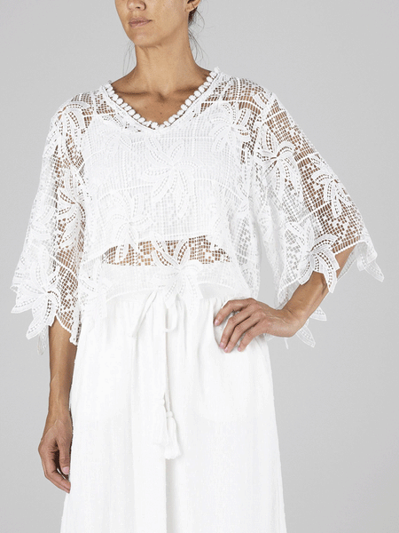 Miss Me MT2884L Womens Cropped Crochet Flowy Top White front view. If you need any assistance with this item or the purchase of this item please call us at five six one seven four eight eight eight zero one Monday through Saturday 10:00a.m EST to 8:00 p.m EST