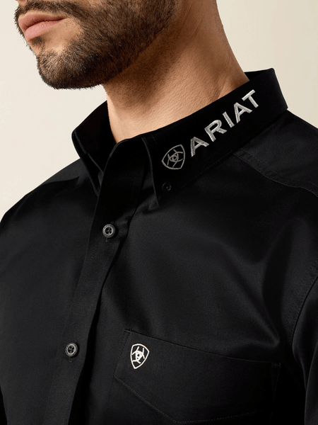 Ariat 10034231 Mens Team Logo Twill Fitted Shirt Black collar view. If you need any assistance with this item or the purchase of this item please call us at five six one seven four eight eight eight zero one Monday through Saturday 10:00a.m EST to 8:00 p.m EST