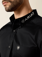 Ariat 10034231 Mens Team Logo Twill Fitted Shirt Black collar view. If you need any assistance with this item or the purchase of this item please call us at five six one seven four eight eight eight zero one Monday through Saturday 10:00a.m EST to 8:00 p.m EST