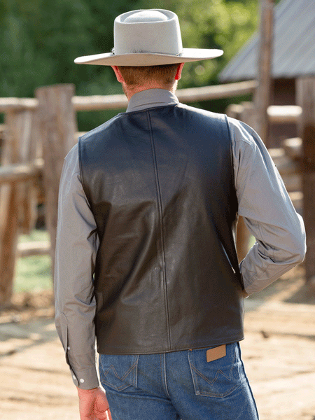 Wyoming Traders DROVER Mens Concealed Carry Leather Vest back view. If you need any assistance with this item or the purchase of this item please call us at five six one seven four eight eight eight zero one Monday through Saturday 10:00a.m EST to 8:00 p.m EST