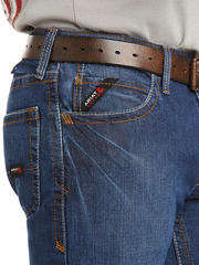 Ariat 10012552 Mens FR M4 Relaxed Basic Boot Cut Jean Flint front pocket close up. If you need any assistance with this item or the purchase of this item please call us at five six one seven four eight eight eight zero one Monday through Saturday 10:00a.m EST to 8:00 p.m EST