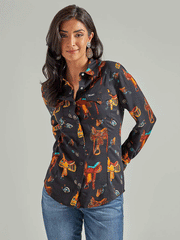 Wrangler 112339549 Womens Retro Saddle Up Western Shirt Black front view. If you need any assistance with this item or the purchase of this item please call us at five six one seven four eight eight eight zero one Monday through Saturday 10:00a.m EST to 8:00 p.m EST