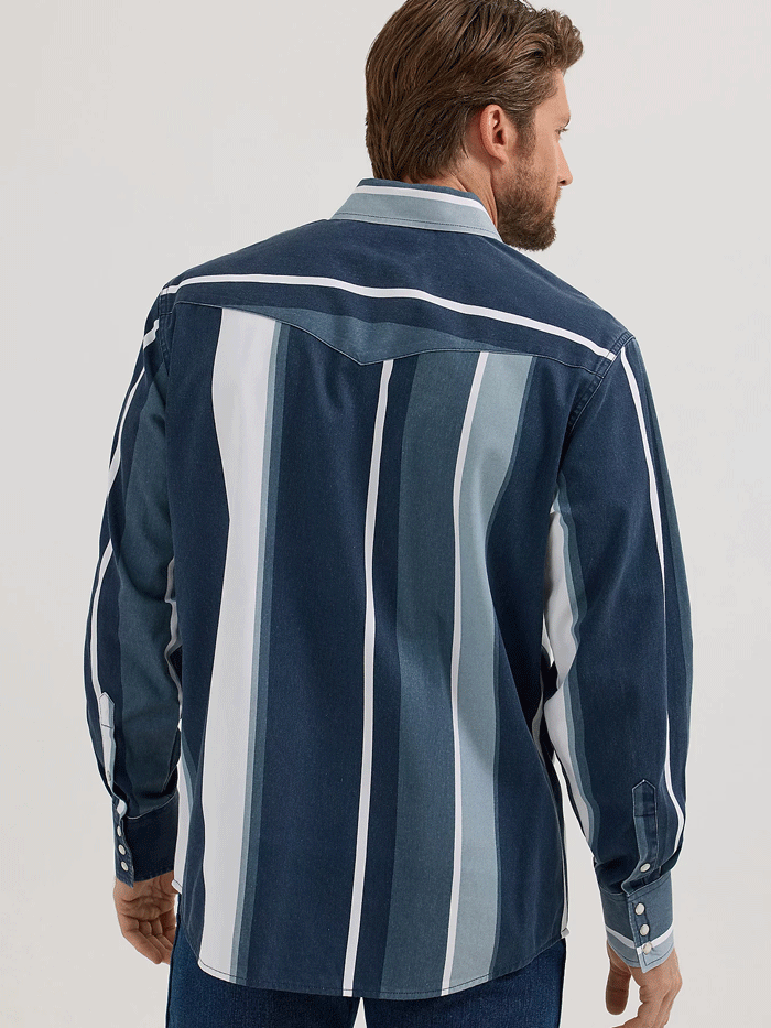 Wrangler 112358325 Mens Vintage Inspired Brushpopper Stripe Shirt Navy front view. If you need any assistance with this item or the purchase of this item please call us at five six one seven four eight eight eight zero one Monday through Saturday 10:00a.m EST to 8:00 p.m EST

