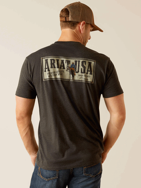 Ariat 10051421 Mens Rider Label T-Shirt Charcoal Heather back view. If you need any assistance with this item or the purchase of this item please call us at five six one seven four eight eight eight zero one Monday through Saturday 10:00a.m EST to 8:00 p.m EST
