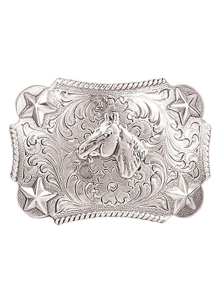 Nocona 3603007 Kids Horsehead Rope Edge Western Buckle Silver front view. If you need any assistance with this item or the purchase of this item please call us at five six one seven four eight eight eight zero one Monday through Saturday 10:00a.m EST to 8:00 p.m EST