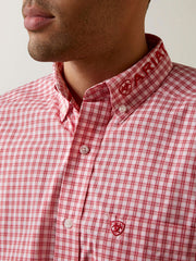 Ariat 10044908 Mens Pro Series Team Dustin Classic Fit Shirt Red close up. If you need any assistance with this item or the purchase of this item please call us at five six one seven four eight eight eight zero one Monday through Saturday 10:00a.m EST to 8:00 p.m EST