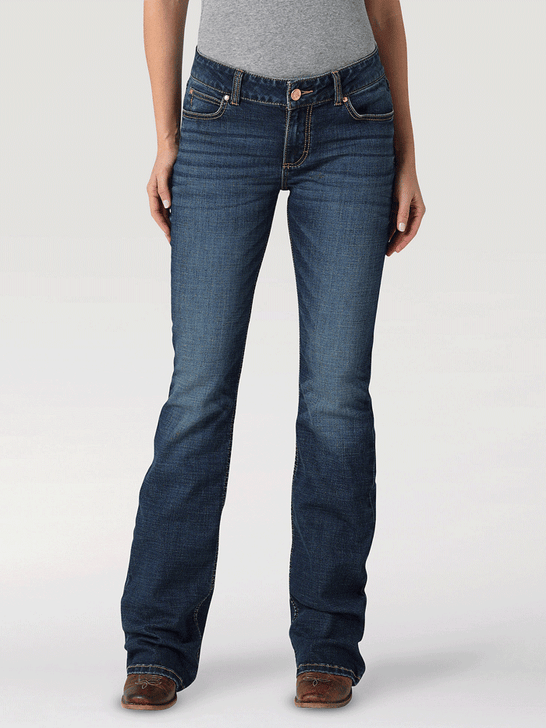 Wrangler 09MWZMS Womens Retro Mae Mid Rise Bootcut Jeans MS Wash front view.If you need any assistance with this item or the purchase of this item please call us at five six one seven four eight eight eight zero one Monday through Saturday 10:00a.m EST to 8:00 p.m EST