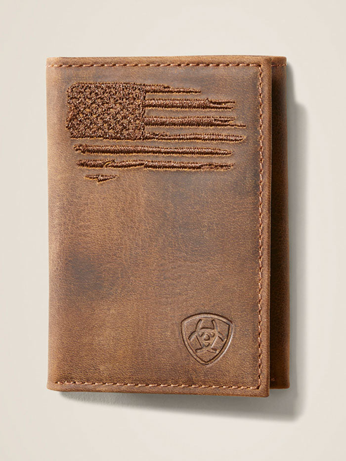 Ariat A3545402 Mens Trifold American Flag Wallet Bark front view. If you need any assistance with this item or the purchase of this item please call us at five six one seven four eight eight eight zero one Monday through Saturday 10:00a.m EST to 8:00 p.m EST