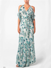 Miss Me MD1632S Womens Tropical Floral Print Cold Shoulder Wrap Maxi Dress Green front view. If you need any assistance with this item or the purchase of this item please call us at five six one seven four eight eight eight zero one Monday through Saturday 10:00a.m EST to 8:00 p.m EST
