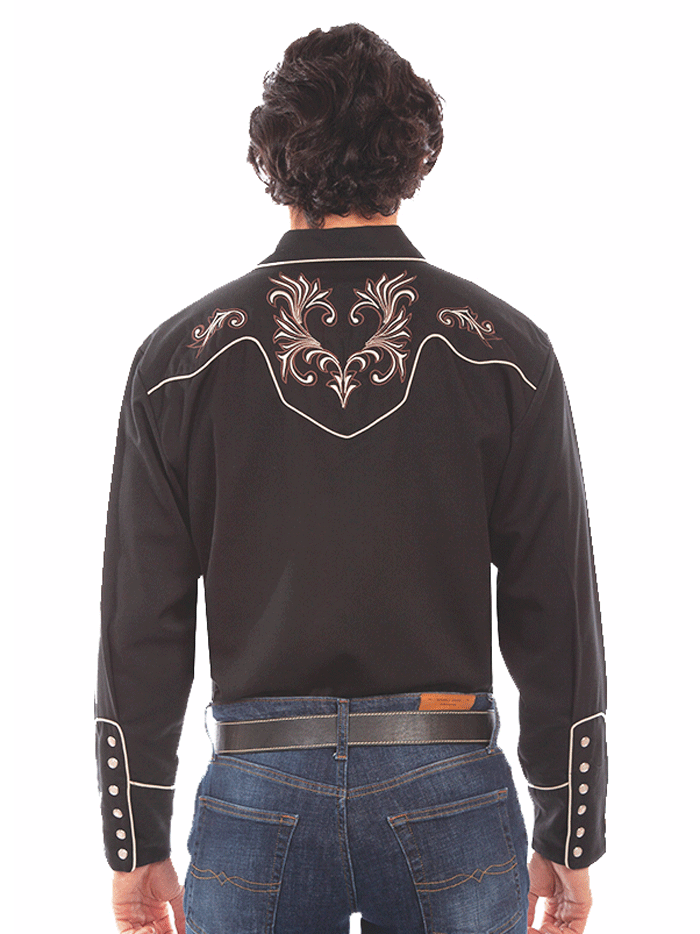 Scully P-870-BLK Mens Embroidered Floral Scrolls Western Shirt Black front view. If you need any assistance with this item or the purchase of this item please call us at five six one seven four eight eight eight zero one Monday through Saturday 10:00a.m EST to 8:00 p.m EST