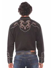 Scully P-870-BLK Mens Embroidered Floral Scrolls Western Shirt Black back view. If you need any assistance with this item or the purchase of this item please call us at five six one seven four eight eight eight zero one Monday through Saturday 10:00a.m EST to 8:00 p.m EST