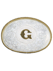 Montana Silversmiths 700 Initial Silver Engraved Gold Trim Western Belt Buckle letter G front view. If you need any assistance with this item or the purchase of this item please call us at five six one seven four eight eight eight zero one Monday through Saturday 10:00a.m EST to 8:00 p.m EST