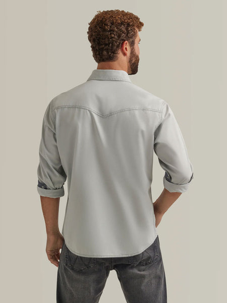 Wrangler 112344544 Mens Retro Long Sleeve Shirt Grey back view. If you need any assistance with this item or the purchase of this item please call us at five six one seven four eight eight eight zero one Monday through Saturday 10:00a.m EST to 8:00 p.m EST