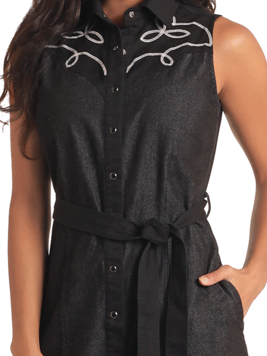 Panhandle LWD0R05816 Womens Two-Toned Embroidered Shirt Dress Black front close up. If you need any assistance with this item or the purchase of this item please call us at five six one seven four eight eight eight zero one Monday through Saturday 10:00a.m EST to 8:00 p.m EST