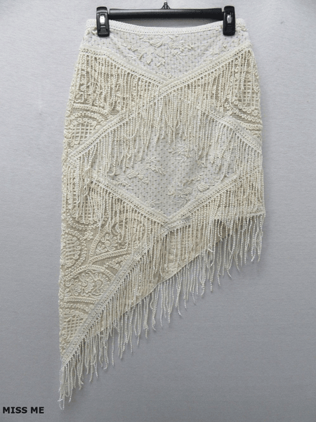Miss Me MS0502S Womens Asymetrical Crochet Macrame Mini Skirt Natural front view. If you need any assistance with this item or the purchase of this item please call us at five six one seven four eight eight eight zero one Monday through Saturday 10:00a.m EST to 8:00 p.m EST