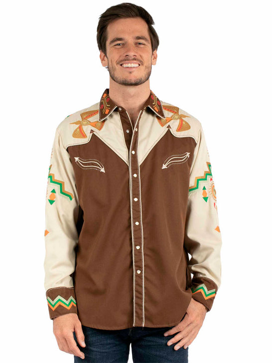 Scully P-734-BRN Mens Phoenix Embroidery Western Shirt Bark Brown front view. If you need any assistance with this item or the purchase of this item please call us at five six one seven four eight eight eight zero one Monday through Saturday 10:00a.m EST to 8:00 p.m EST