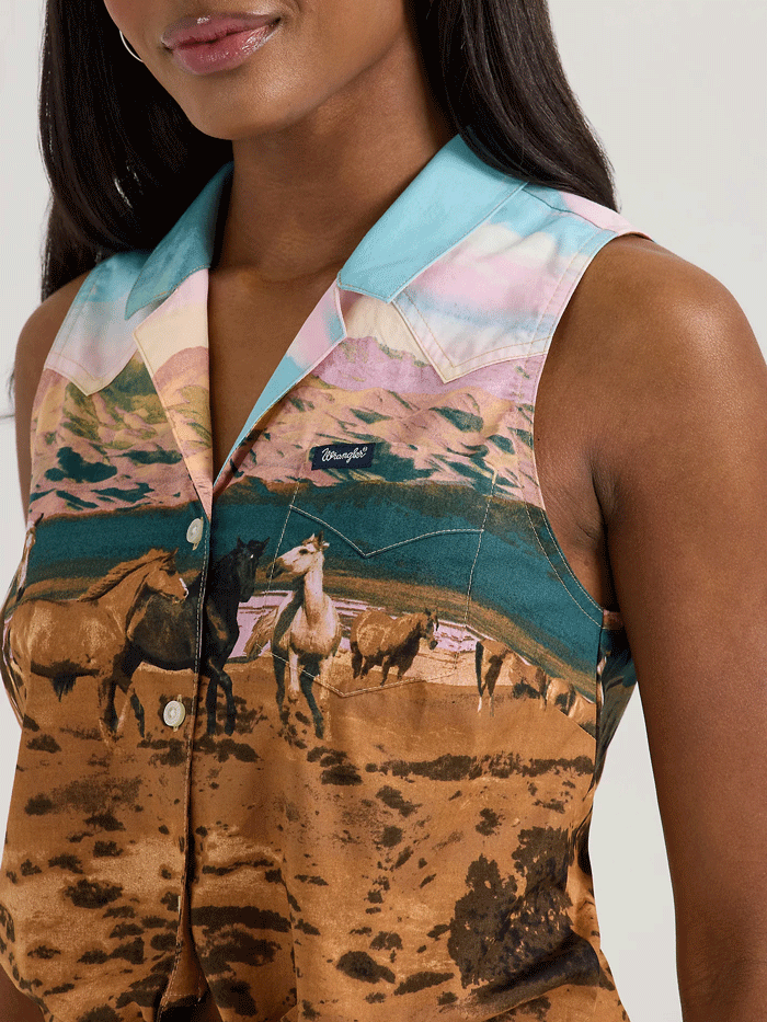 Wrangler 112361188 Womens Bold Printed Sleeveless Tie Front Americana Shirt Multicolor front view. If you need any assistance with this item or the purchase of this item please call us at five six one seven four eight eight eight zero one Monday through Saturday 10:00a.m EST to 8:00 p.m EST