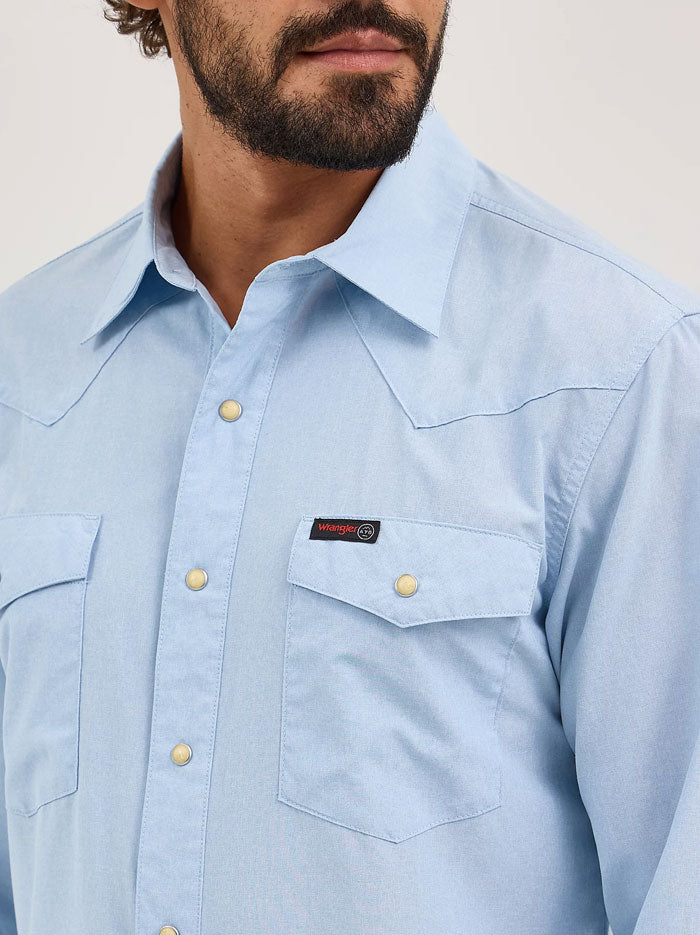 Wrangler 112360550 Mens ATG Drover Utility Shirt Cerulean Light Blue front view. If you need any assistance with this item or the purchase of this item please call us at five six one seven four eight eight eight zero one Monday through Saturday 10:00a.m EST to 8:00 p.m EST