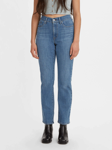Levi's 392500082 Womens Classic Straight Fit Jean Medium Wash front view. If you need any assistance with this item or the purchase of this item please call us at five six one seven four eight eight eight zero one Monday through Saturday 10:00a.m EST to 8:00 p.m EST