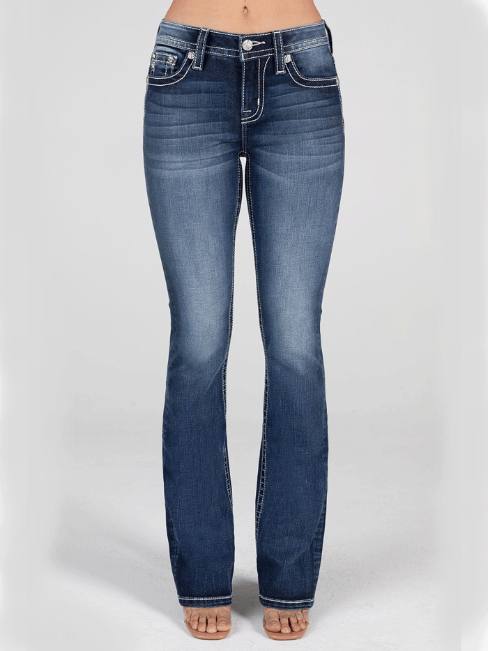 Miss Me M9241B Womens Mid-Rise Longhorn Bootcut Jean Dark Blue back pocket close up view. If you need any assistance with this item or the purchase of this item please call us at five six one seven four eight eight eight zero one Monday through Saturday 10:00a.m EST to 8:00 p.m EST