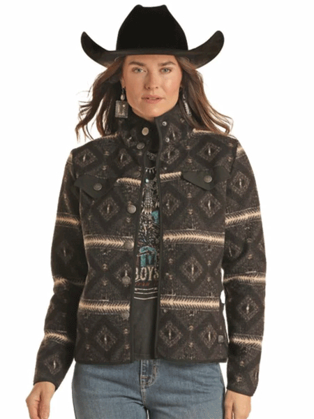 Panhandle DW92C01491 Womens Aztec Printed Berber Jacket Charcoal front view. If you need any assistance with this item or the purchase of this item please call us at five six one seven four eight eight eight zero one Monday through Saturday 10:00a.m EST to 8:00 p.m EST