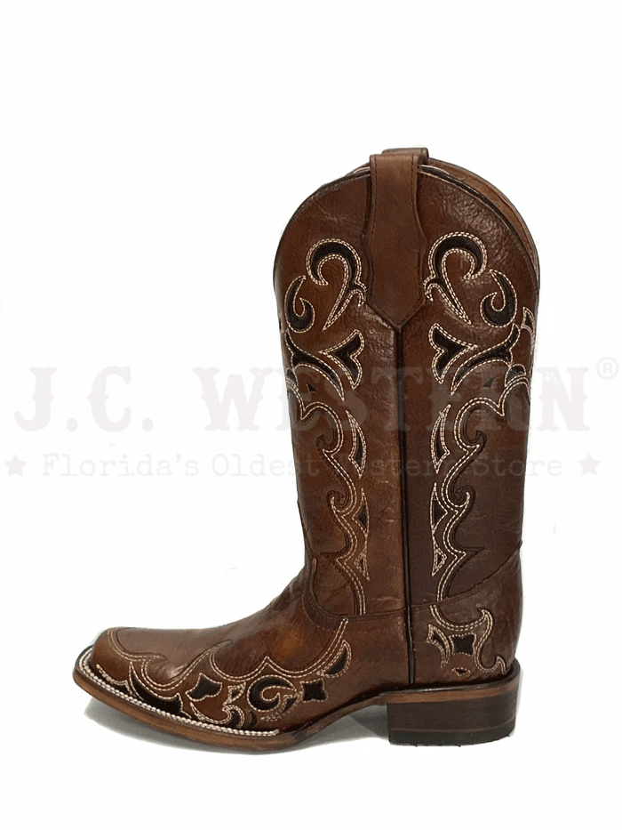 Circle G L5557 Ladies Embroidery Square Toe Boot Brown front and side view.If you need any assistance with this item or the purchase of this item please call us at five six one seven four eight eight eight zero one Monday through Saturday 10:00a.m EST to 8:00 p.m EST