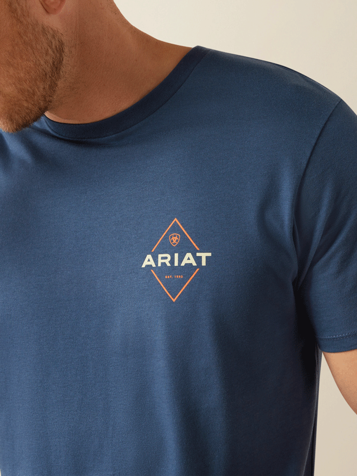 Ariat 10054769 Mens Diamond Valley T-Shirt Space Blue back view. If you need any assistance with this item or the purchase of this item please call us at five six one seven four eight eight eight zero one Monday through Saturday 10:00a.m EST to 8:00 p.m EST

