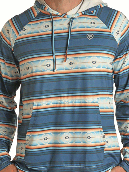 Rock & Roll Denim BM94T03004 Mens Aztec Printed Performance Hoodie Blue close up view of front. If you need any assistance with this item or the purchase of this item please call us at five six one seven four eight eight eight zero one Monday through Saturday 10:00a.m EST to 8:00 p.m EST